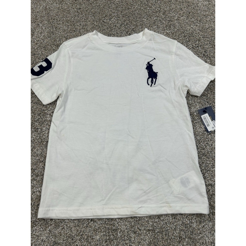 New Polo Ralph Lauren Kids White T-Shirt Navy Pony Logo Number 3 Size 6 #0261